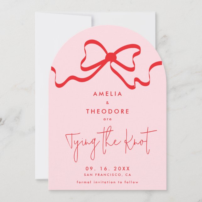 Invitación Tying the Knot Red Bow Photo Save the Date Card (Anverso)