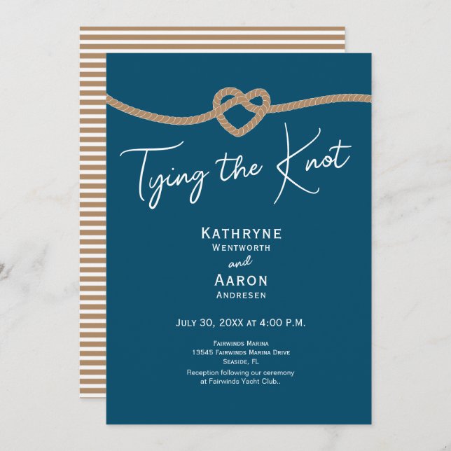Invitación Tying the Knot Rope Coastal Blue Nautical Wedding  (Anverso / Reverso)