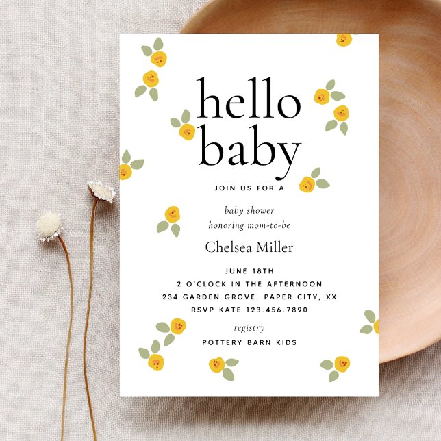 Invitación Typografía Floral amarilla Hola Baby Shower (Subido por el creador)