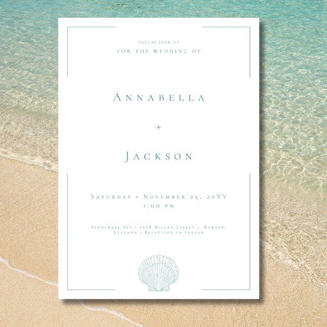 Invitación Typografía mínima Aqua y Boda de la cubierta blanc (Minimal Typography Aqua White Shell Wedding Invitation)