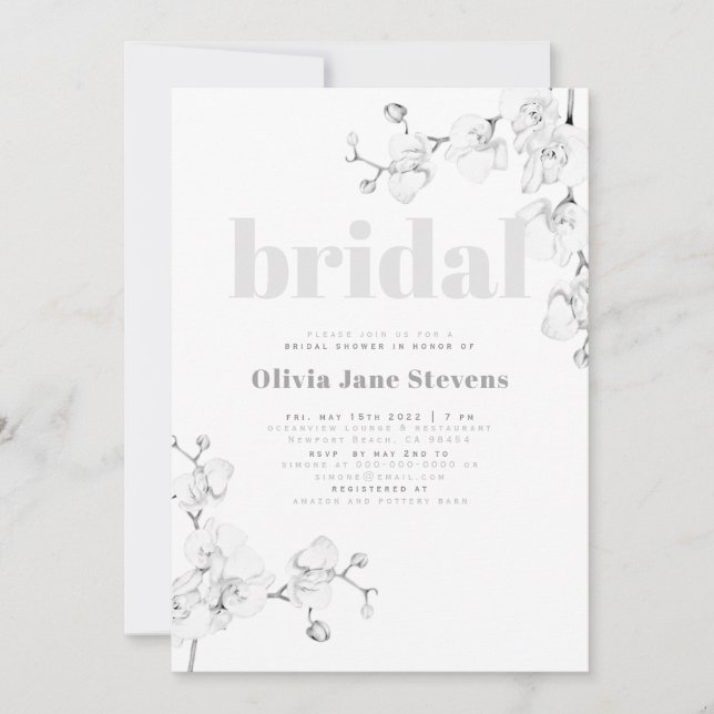 Invitación Typografía moderna Orquídea Ducha Marrón Floral (Anverso)