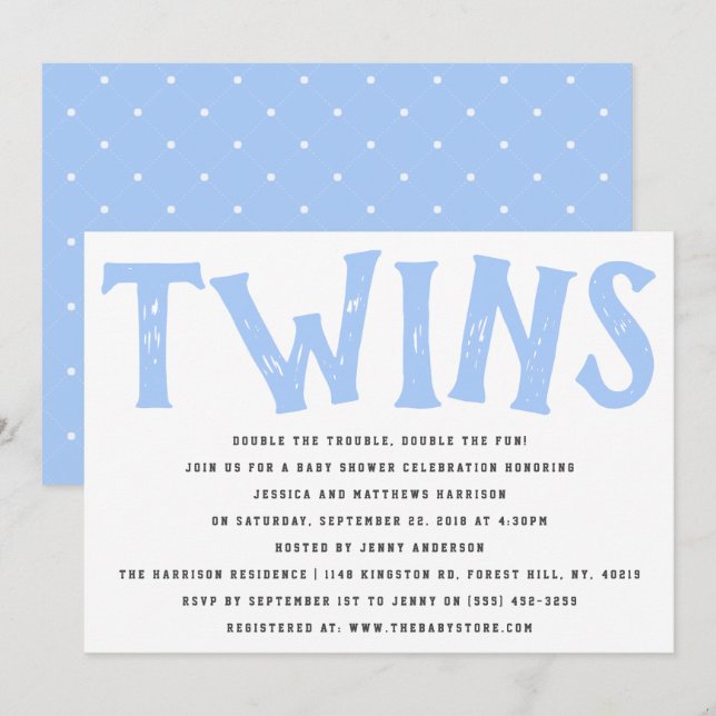 Invitación Typografía moderna Twin Boys Baby Shower (Anverso / Reverso)