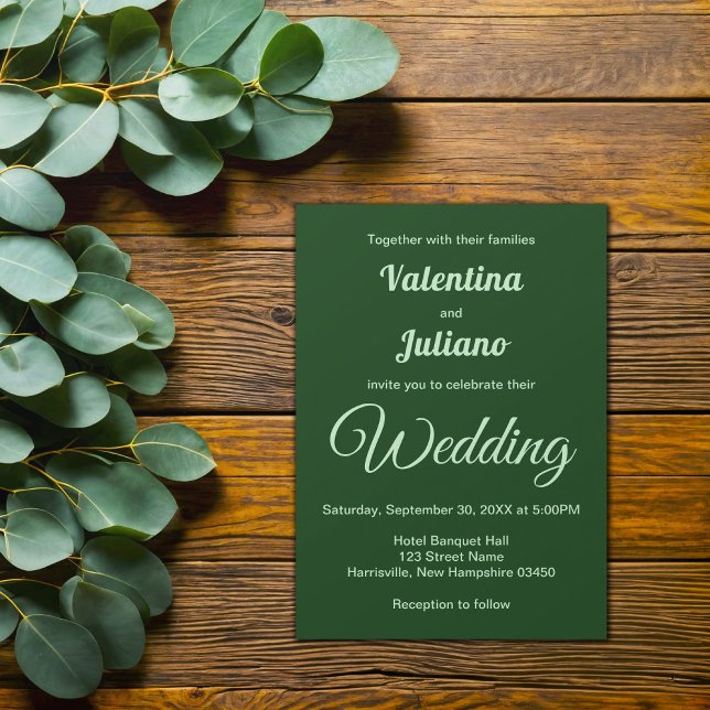 Invitación Typography Style Minimalist Dark Green Wedding (Dark Green Plain Text Wedding Invitation)