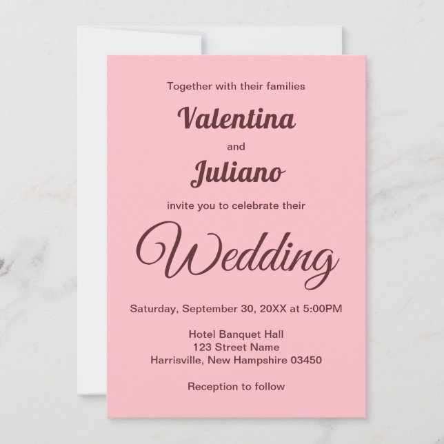 Invitación Typography Style Minimalist Pink Wedding (Anverso)