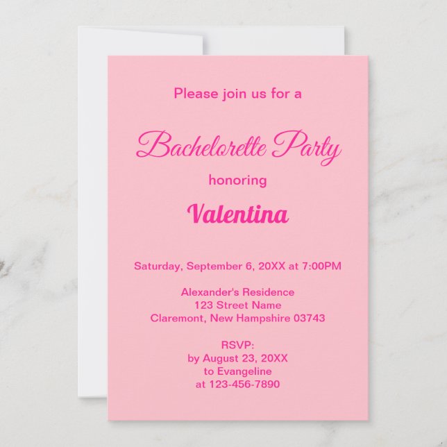 Invitación Typography Style Pink Bachelorette Party (Anverso)
