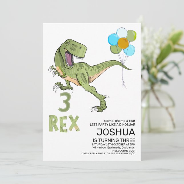 Invitación Tyrannosaurus Tres Rex Dino 3er Cumpleaños (Anverso de pie)