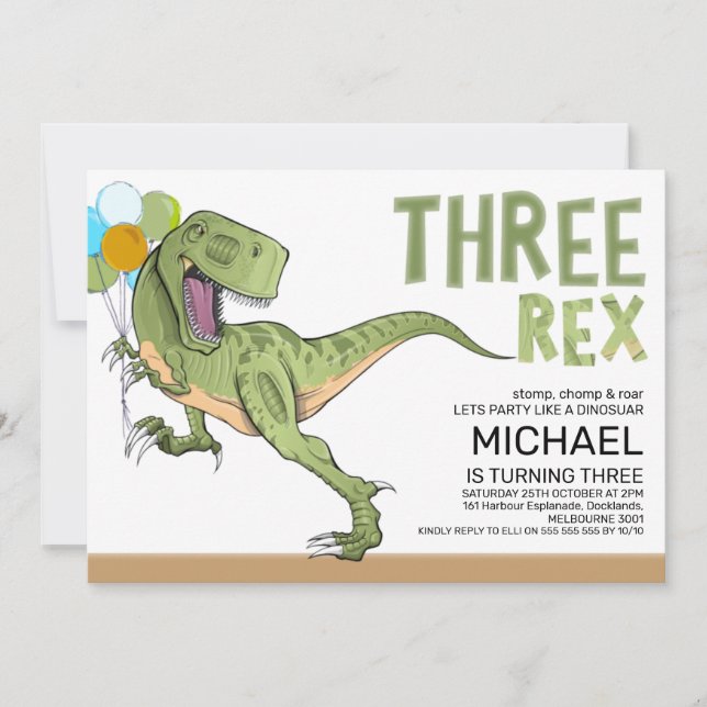 Invitación Tyrannosaurus Tres Rex Dinosaurio 3er Cumpleaños (Anverso)
