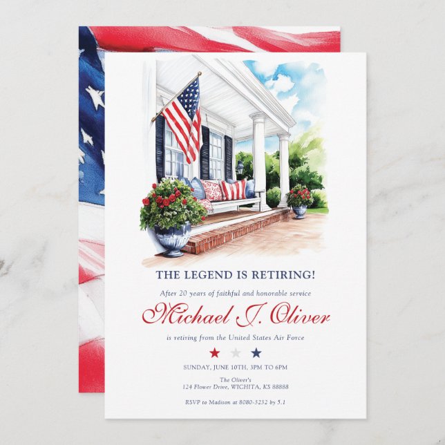 Invitación U.S. Military Retirement Patriotic Home Porch (Anverso / Reverso)