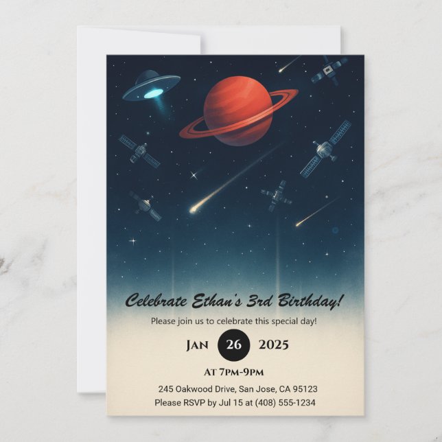 Invitación UFO & Space Station Galaxy Illustration Birthday  (Anverso)