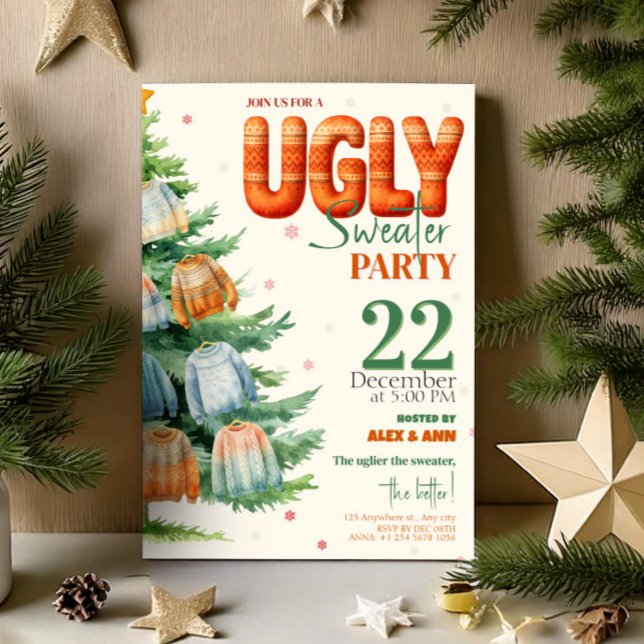 Invitación Ugly Sweater Christmas Party Cozy Watercolor (Ugly Sweater Christmas Party Cozy Watercolor Invitation, Xmas Invite)