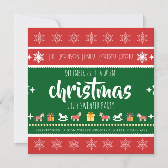 Invitación Ugly Sweater Christmas Party – Red Green Snowflake (Anverso)