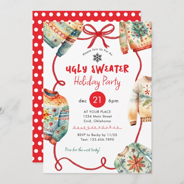 Invitación Ugly Sweater Holiday Party Watercolor (Anverso / Reverso)