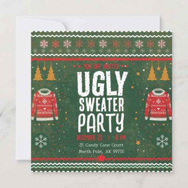 Invitación Ugly Sweater Party – Green Gold Holiday Fun (Anverso)