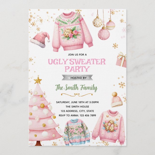 Invitación Ugly sweater pink theme invitation (Anverso)