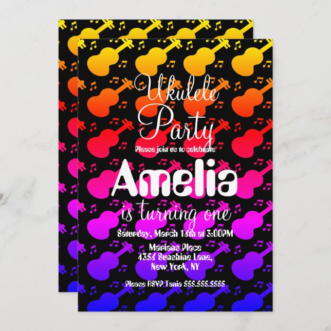 Invitación Ukulele Guitar Music Birday (Anverso / Reverso)