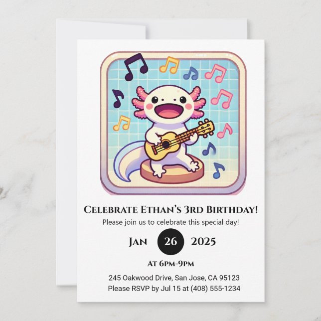 Invitación Ukulele Performer Axolotl Birthday (Anverso)