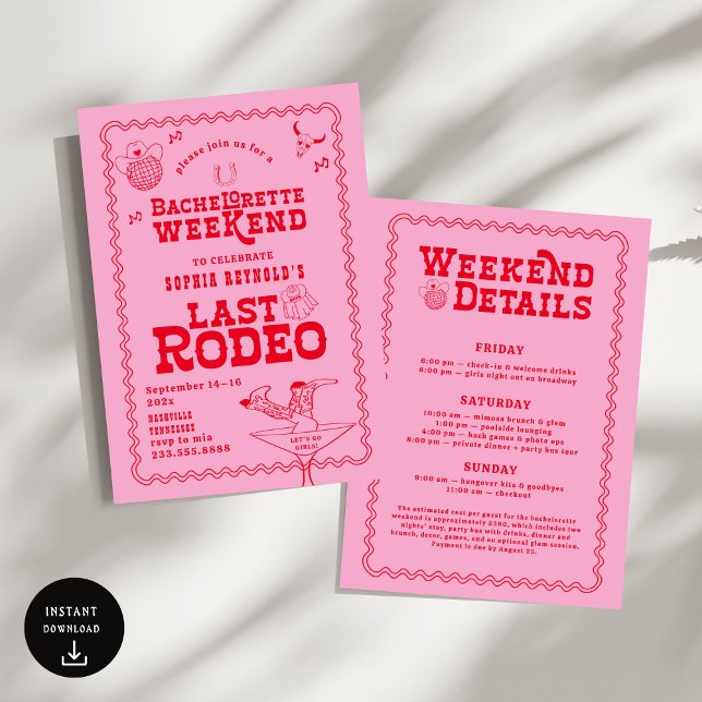 Invitación Última Bachelorette Rodeo Rosa y Roja (Subido por el creador)