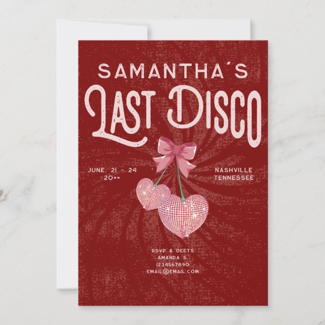 Invitación Última bola disco Coquette Cherry Red Bachelorette (Anverso)