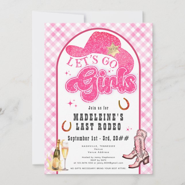 Invitación Última Chica de Rodeo Rosa Go Bachelorette Itinera (Anverso)