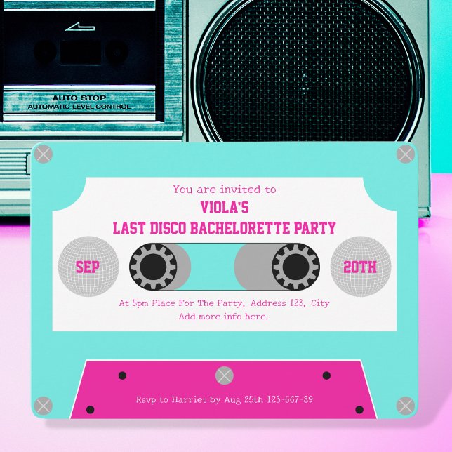 Invitación Última cinta de cassette retro rosa y turquesa (last disco cassette tape bachelorette party invitation pink and turquoise silver disco ball retro)