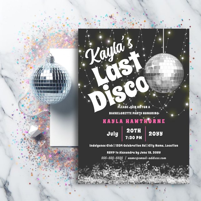 Invitación Última disco Bachelorette (Last Disco Bachelorette Party invitation front view.)