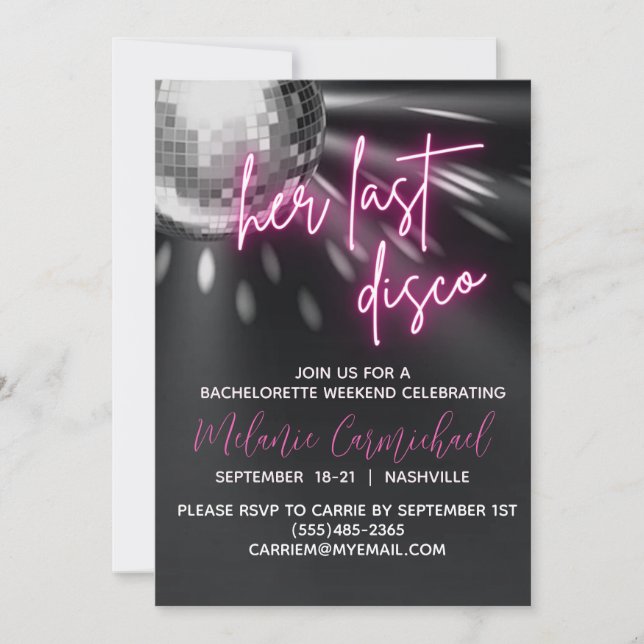 Invitación Última Disco Bachelorette Weekend Itinerario (Anverso)