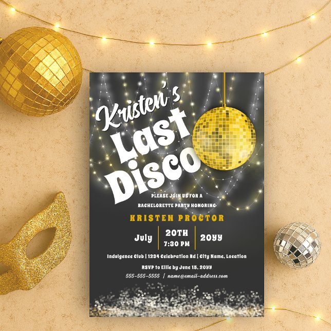 Invitación Última disco Bash Bachelorette Party Glam Gold (Gold glam disco ball retro last disco bachelorette party invitation front view)