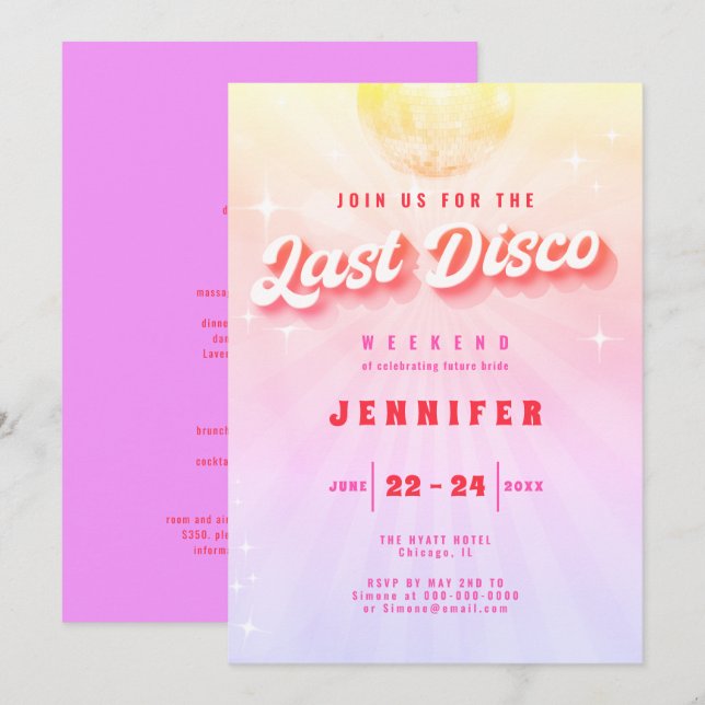 Invitación Última disco Rainbow Retro Bachelorette Weekend (Anverso / Reverso)