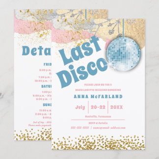 Invitación Última Disco Retro Glam Bachelorette Blue Gold Pin