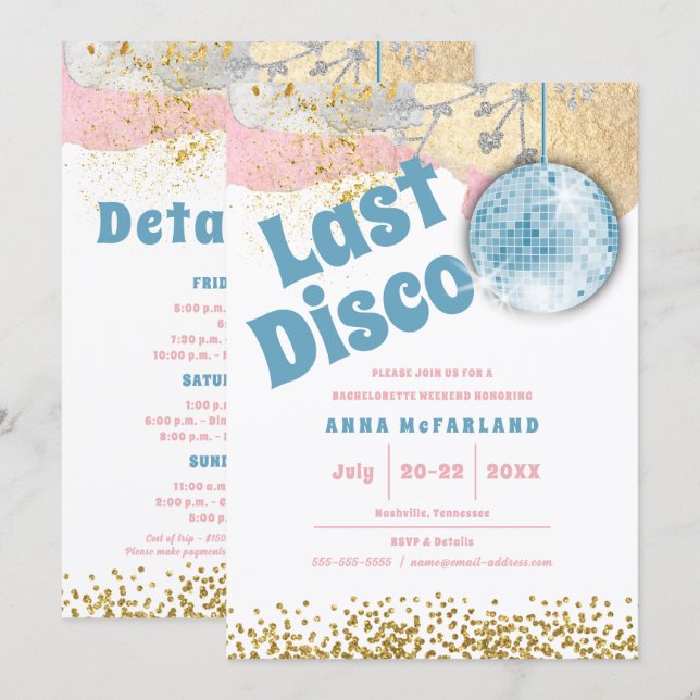 Invitación Última Disco Retro Glam Bachelorette Blue Gold Pin (Anverso / Reverso)