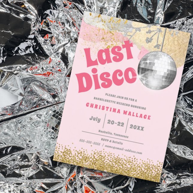 Invitación Última disco retro glam dorado rosado Bachelorette (Subido por el creador)