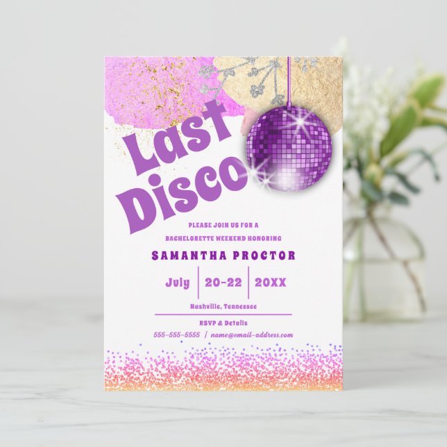 Invitación Última disco retro glam morada dorada bachillerato (Anverso de pie)