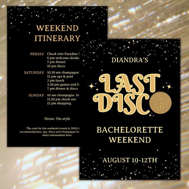 Invitación Última disco retro Purpurina de oro Bachelorette W (Last disco golden glitter bachelorette weekend invitation with itinerary retro font )
