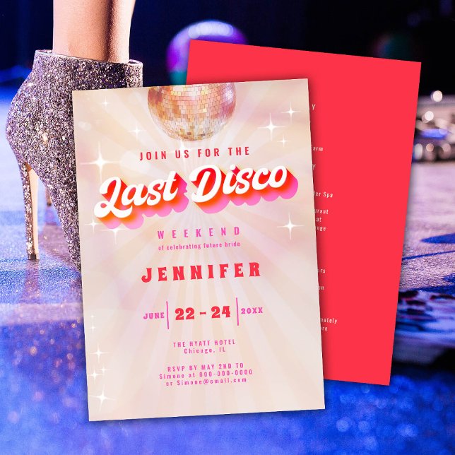 Invitación Última disco Retro Rojo Rosa Bachelorette Weekend (Subido por el creador)