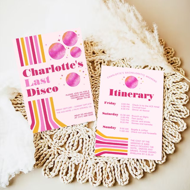 Invitación Última disco rosada Bachelorette Weekend Itinerari (Subido por el creador)