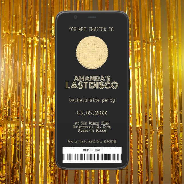 Invitación Última Discoteca Bachelorette (last disco bachelorette party invitation golden disco ticket)