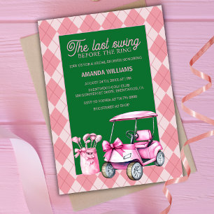 Invitación Última ducha de novia de golf rosa y verde argyle