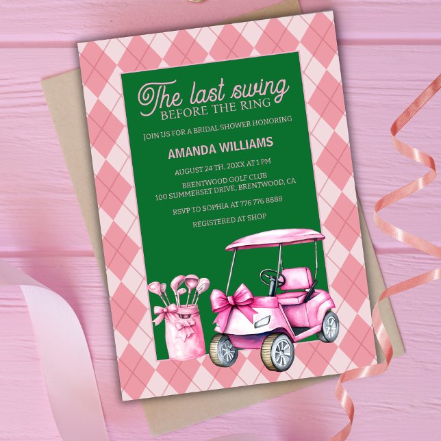 Invitación Última ducha de novia de golf rosa y verde argyle (Subido por el creador)