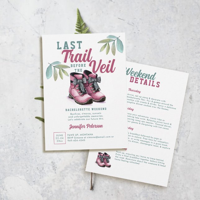Invitación Última fiesta de campamento de camping con velo (last trail before the veil camp bachelorette ideas hiking boots pink green teal watercolor camping)