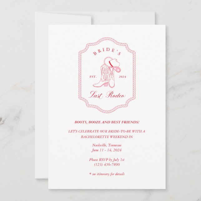 Invitación Última fiesta de la soltera de rodeo de novia (Anverso)