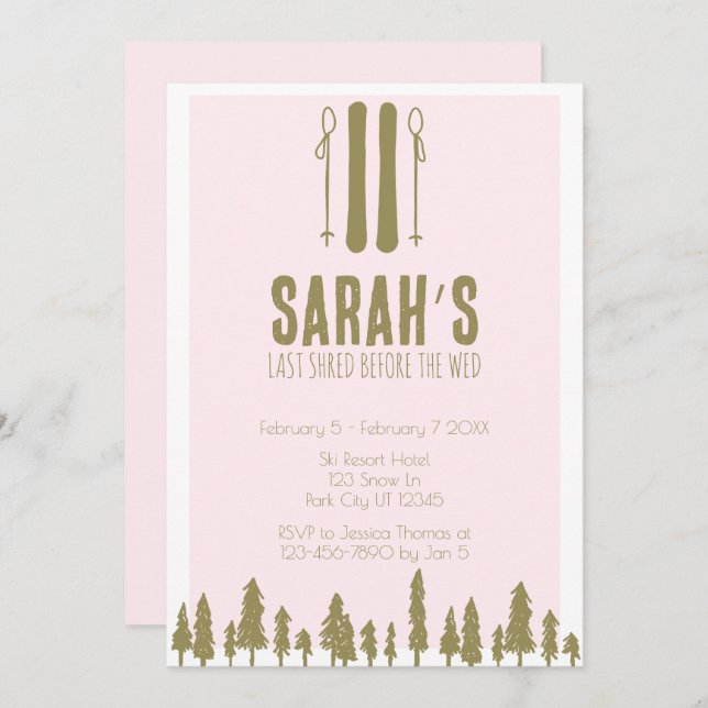 Invitación Última fiesta de soltera de invierno sobre esquí r (Anverso / Reverso)