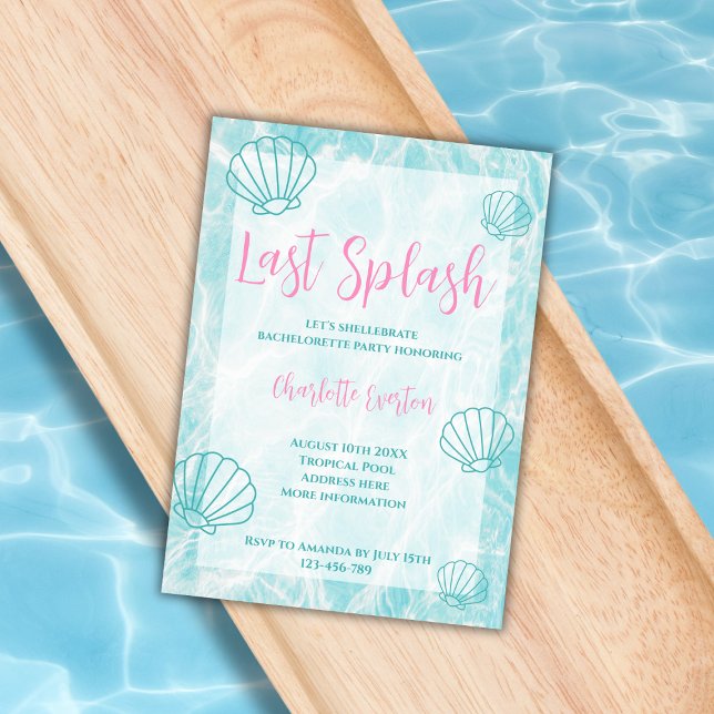Invitación Última fiesta de soltera tropical de Splash Beach (last splash pool bachelorette party invitation shell mermaid)
