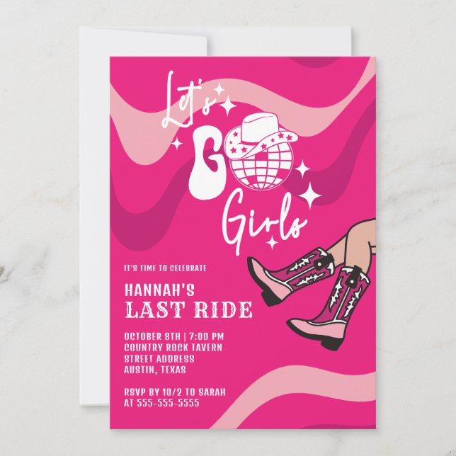 Invitación Última Marcha Rosa Caliente Disco Cowgirl Bachelor (Anverso)