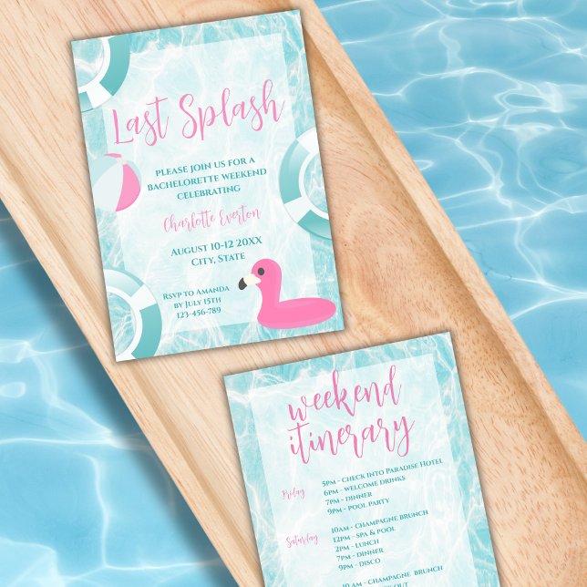 Invitación Última piscina de salpicaduras Bachelorette Weeken (last splash pool bachelorette party invitation weekend itinerary)