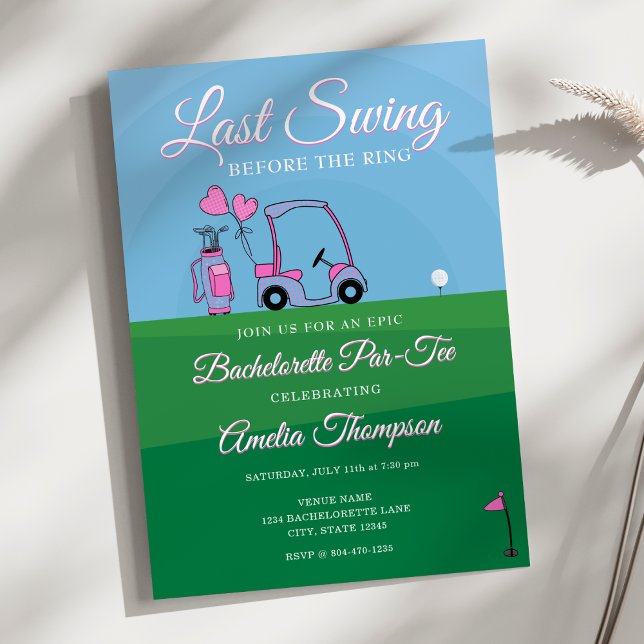 Invitación ¡Última Swing Antes del Anillo! Golf Bachelorette (Last Swing Before the Ring! Pink and Green Golf-Themed Bachelorette Party Invitation)