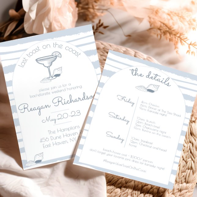 Invitación Última tostada en el fin de semana de la Bachelore ("last toast on the coast" blue nautical beach bachelorette party girls weekend invitation sea shell )