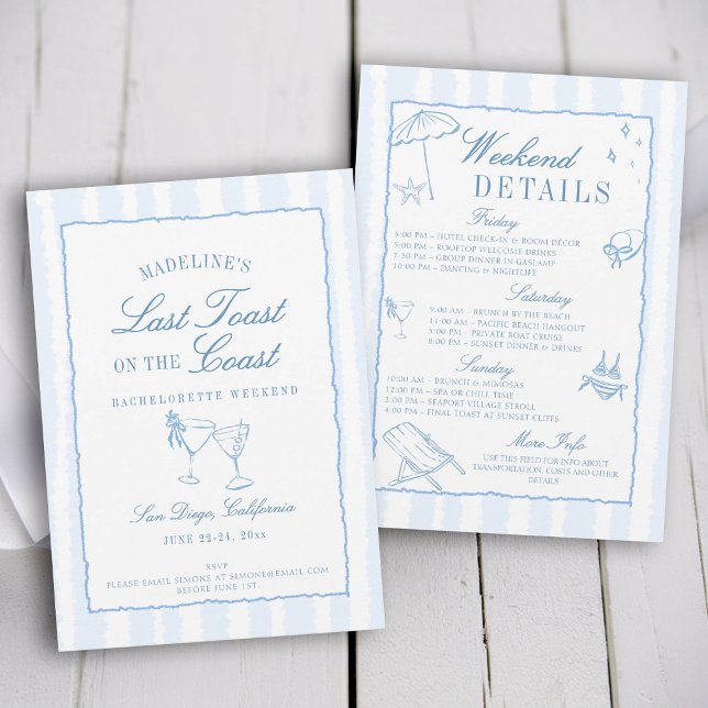 Invitación Última tostada en la costa de las franjas azules B (last toast on the coast bachelorette party itinerary hand drawn script calligraphy stripes frame)