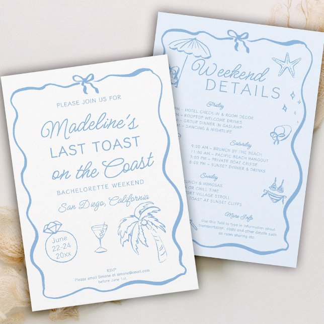 Invitación Última tostada en la fiesta de la soltera azul de  (last toast on the coast bachelorette party invitation invite itinerary hand drawn written doodle bow)