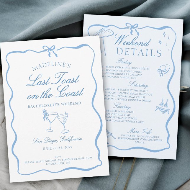 Invitación Última tostada en la fiesta de la soltera con guió (last toast on the coast bachelorette party itinerary hand drawn script calligraphy elegant blue)