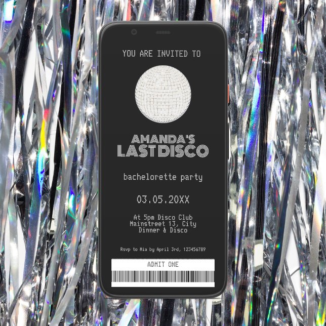 Invitación Último billete de bachillerato plateado (last disco silver bachelorette party invitation ticket)